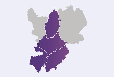 A picture of a map highlighting the areas of the Midlands that PA have homes in purple