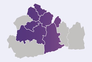 A picture of a map highlighting the areas of the South East that PA have homes in purple