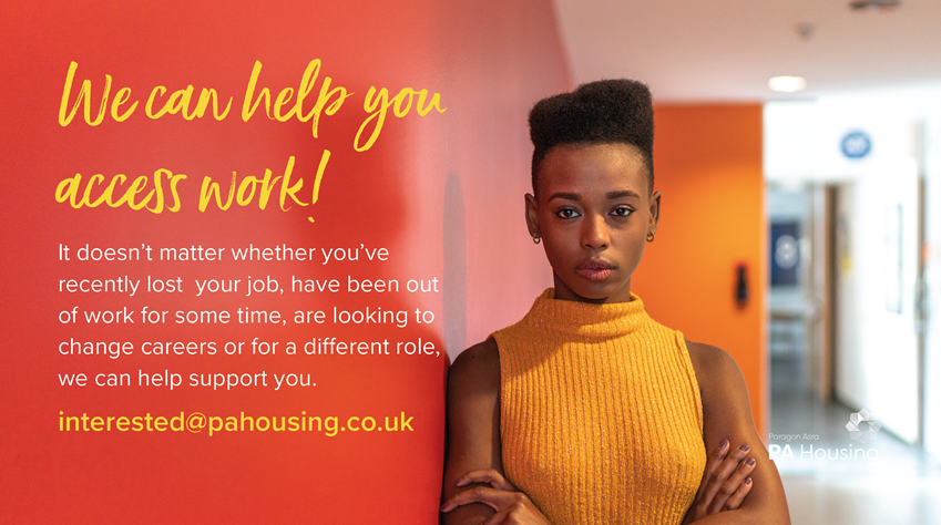 Advert for access to work opportunities showing a young black women leaning against a wall